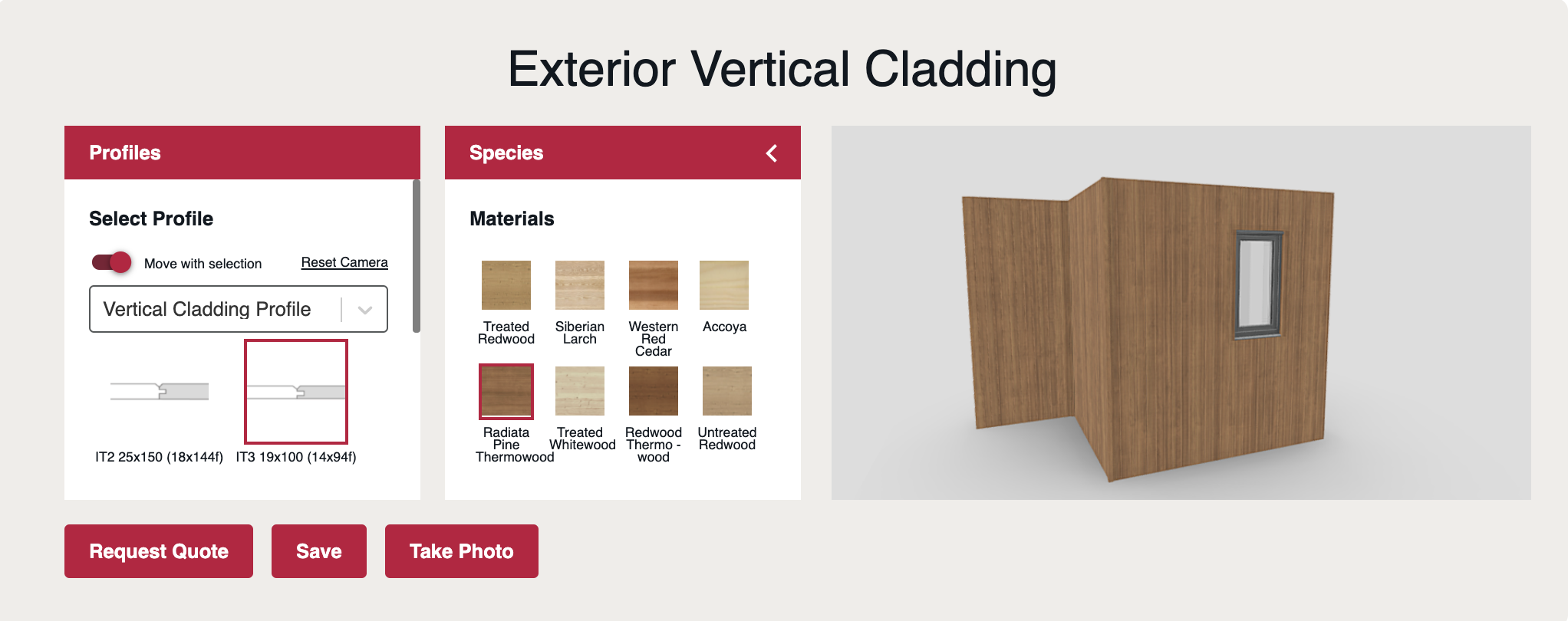 Exterior vertical cladding with selection of profiles & species